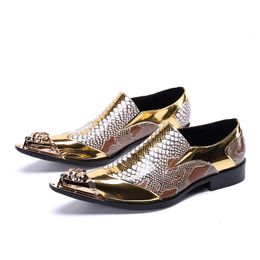 Dress Shoes Handmade Pointed Toe Metal Tip Genuine Leather Men Snakeskin Evening Party Wedding Hairdress Sexy Gold Oxfords 230320