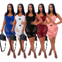 Designer Summer Mesh Patchwork Rompers Women Sleeveless Jumpsuits Sexy See Through Bodycon Playsuits Casual One Piece Overalls Bulk Wholesale Clothes 9504