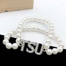 Strand Handmade Greek Sorority Double Row Elastic Line White Pearl TUS Charm Women Bracelet Jewellery