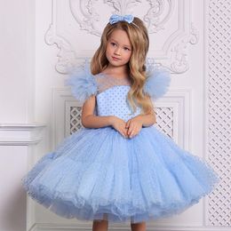Girl's Dresses 4-10T Kids Girls Elegant Dress for Evening Party Little Girl Dots Tulle Princess Gown Children Clothing Blue Wedding Vestidos 230320