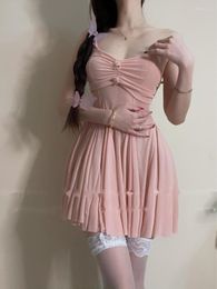 Casual Dresses Fairy Mini Dress Pink Mesh Sheer Sexy Sling Tank Women 2023 Slash Neck Slim Sweet C450