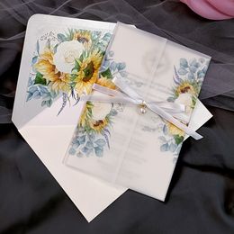 Greeting Cards 50X Transparent Sunflower Wedding Invitations with Flower Lined Envelope And Ribbon With Editable Greeting Cards 230317