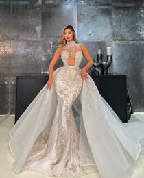 Luxury Mermaid Wedding Dresses Sleeveless V Neck Halter Appliques Sparkly Sequins Beaded Detachable Train Floor Length Lace Bridal Gowns Custom Made abiti da sposa