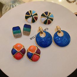 Stud Earrings 925 Silver Medieval Vintage Colorful Enamel For Women Color Matching Paint Trend Small Fashion Jewelry Accessories