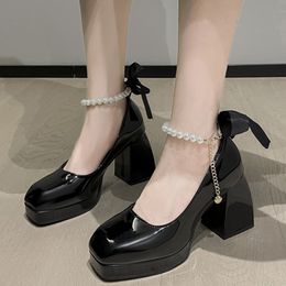 Dress Shoes Ladies High Heels Elegant Bow Square Toe Black Fashion Thick Heel Wedding Party Pearl Lace Shoe 230320