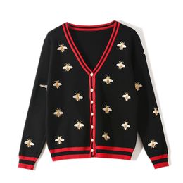 Women's Sweaters High Quality Fashion Designer Bee Embroidery Cardigan Long Sleeve Single Contrast Color Button Knitted Sweaters