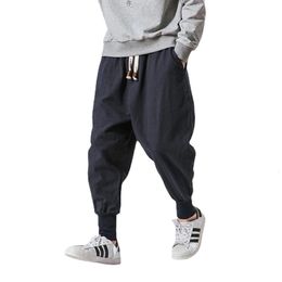 Men's Pants Cotton Linen Harem Solid Elastic Waist Streetwear Joggers Baggy Dropcrotch Casual Trousers 230317