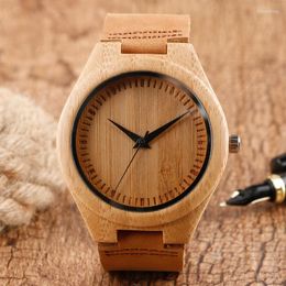 Wristwatches Minimalist Simple Wood Watch Natural Bamboo Wooden Mens Watches Brown Light Quartz Handmade Genuine Leather