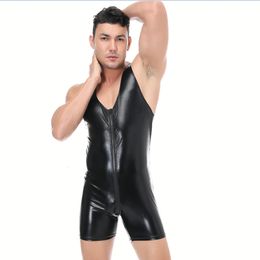 Men's Shorts Faux Leather Sleeveless Mens Zipper Open Crotch Bodysuit Shorts Sexy Tight Overalls Night Club Fetish Costume 3XL Plus Size 230317