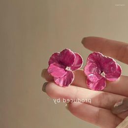 Stud Earrings Vintage Hand-painted Drop-glaze Pink Three-dimensional Flower For Women With Advanced Sense And Design Temperament