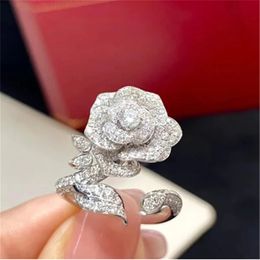 Rose Flower Lab Diamond Finger Ring White Gold Filled Party Wedding band Rings for Women Bridal Promise Engagement Jewelry Gift