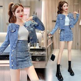 Work Dresses 2023 Women Summer Spring Elegant Denim Suit Lady Long Sleeve Jean Jacket Vest High Waist Skirt Set Female Solid 3 Pcs Sets I802