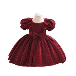 INS Baby girls birthday party dresses Ball Gown kids falbala lapel puff sleeve Bows belt princess dress children pageant clothes Z0954