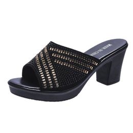 Slippers Summer 2023women's Sandals Korean Style Rhinestone Open Toe Peep Platform Middle-Aged Mom High Heel A739
