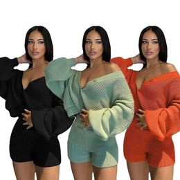 Women's Tracksuits Sweater Women Two Piece Set Button Up Tops And Shorts Autumn Casual Tracksuit Outfits
