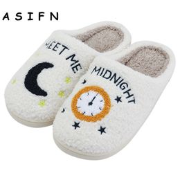 Slippers ASIFN Cute Warm Meet Me At Midnight Slippers Cushion Slides Soft Warm Comfort Flat Fur Woman Cartoon House Slippers Funny Shoes 230320