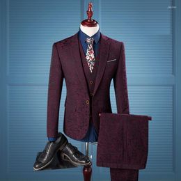 Men's Suits Wedding 3 Pieces Men Suit (Jacket Pant Vest) British Wine Red Slim Fit Fashion Print One Button Tuxedo Dress 4XL