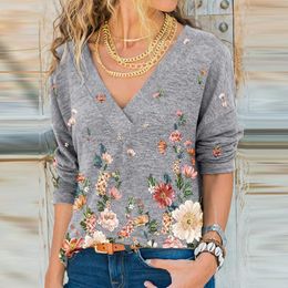 Women's T Shirts Floral Print Shirt Cross V-neck Elegant Vintage Versatile Outer Wear Base Leisure Comfortable Mature Women Favorite Tops