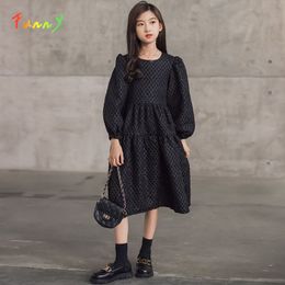 Girl's Dresses 6 To 16 Years Black Girls Autumn Winter Dress Lantern Sleeve Midi Kid Dress Jacquard Fabric Children Clothing 230320