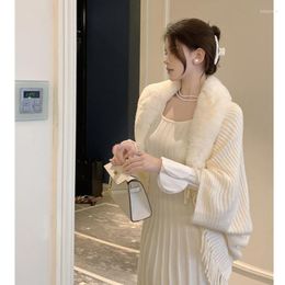 Work Dresses Elegant Lady Knitted 2 Piece Sets Celebrity O Neck Bottoming Pleated Dress&Fur Hem Tassel Cardigan Shawl Chic 2pc Skirt