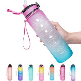 Water Bottles 1 Litre Water Bottle With Straw Leakproof Drink Sport Aesthetic Gourd Gym Protein Shaker Fitness Time Marker Portable BPA Free 230320