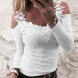 Women's Polos Top Strap Off Shoulder Lace Stitching Woman Blouse Oneck Sexy Long Sleeves Female Casual Slim Tee Shirts 230317