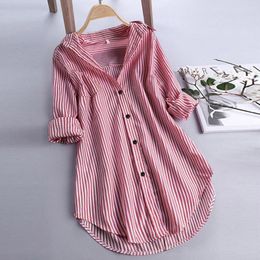 Women's Blouses Summer Shirt Women Cotton Linen Tops Striped Classic Formal 5XL Long Sleeve Oversize Lady Office Working Blouse