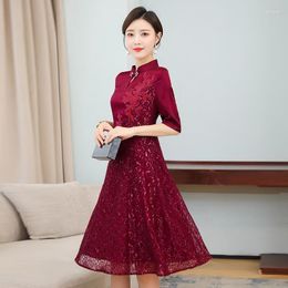 Ethnic Clothing Chinese Style Wine Red Mother A-line Dresses 3/4 Sleeves Lace Cutout Print Double Layer Dress Standing Collar Improved