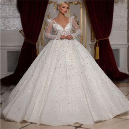 Ball Wedding Dresses V-neck Transparent Long Sleeves Shining Applicants High Waist Lace Court Custom Made Bridal Gown Vestidos De Novia