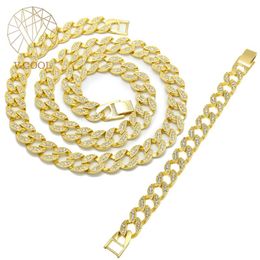 Chains 15mm Hip Hop Iced Cuban Round Link Chain Necklace Bracelet Set CZ Gold Choker Rapper 2023 Jewellery VP890