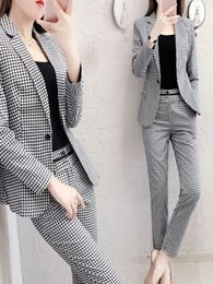 Women's Suits Blazers 2 Piece Elegant Women Plaid Set Fashion Vintage Office Business Casual Single Breasted Blazer Jacket Pants Feet Pants 230320