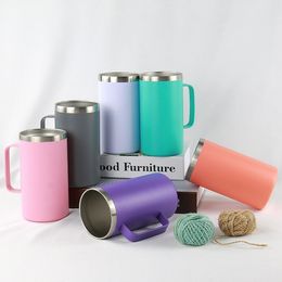 24oz Coffee mug with handle Stainless Steel Powder Coated Travel Tumbler Cup Vacuum Insulated Camping Mug with Lid 12 colors