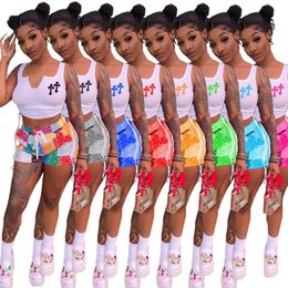 2024 Designer brand jogging suits Summer tracksuits women outfits two 2 piece sets Sleeveless top and print shorts Casual Sportswear Sweatsuits Wholesale 9515-3