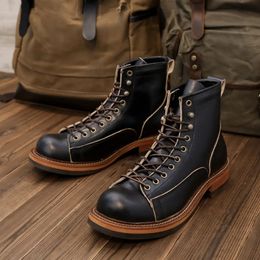 Boots Japanese Round Toe Handmade Men Shoes Vintage British Cow Leather Ankle Boots Autumn Winter Tooling Work Motorcycle Boots 230320