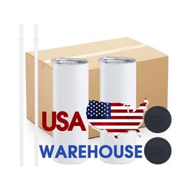 US STOCK 20oz STRAIGHT Tumblers Blank Sublimation Slim Cup Coffee Mugs with Lid and Plastic Straw Beer Mugs Wholesale tt0320