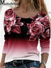 Women's TShirt 3D Floral Printing Long Sleeve Top Casual Women ONeck TShirts Gradient Color Printed Loose Autumn Spring Fashion Clothes Lady 230317