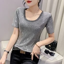 Women's T-Shirt Summer Heavy Industry Drill Slim Fit T-shirt Women's Fashion Temperament Round Neck Short Sleeve Bright Diamond Top 230320