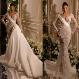 Pearls Charming Mermaid Wedding Dresses Lace Beaded Bridal Gown Custom Made Deep V Neck with Overskirts Wedding Gowns