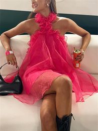 Lässige Kleider Wsevypo Elegant Rüschenhalter Hals Mini Kleid Frauen Offschuldige ärmellose Rückenless A-Line Short für Party Club Beach