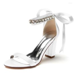 Sandals High Block Heel Wedding Shoes For Bride Open Toe Ribbon Satin Rhinestones Women Chunky Heels Evening Formal Party