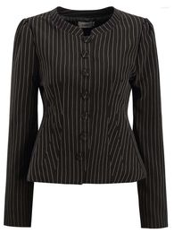 Women's Jackets Women Blouse Black Stripe Elegant Office Ladies Peplum Tops Shirts With Button Vintage Long Sleeve Outwear 3XL