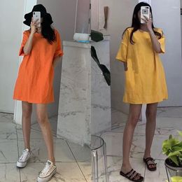 Casual Dresses Chic South Korea Retro Cotton And Linen Stitching Edge Candy Pure Color Simple Loose Short Sleeve T-shirt Dress