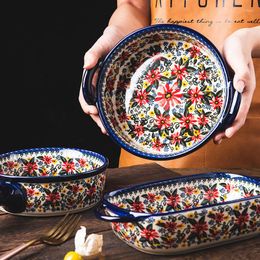 Bowls Hand-painted Flower Ceramic Bowl Retro Bohemian Style Dining Pot Salad Microwave Oven Double Handle Kitchen Tableware