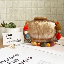 Evening Bags Brand Fashion Wallet Women Acrylic Cute Round Luxury Marble Solid Brown Handbag Wedding Vintage Casual Clutch 230317