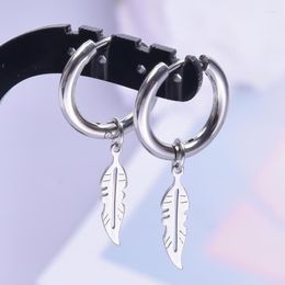 Hoop Earrings Stainless Steel Vintage Feather Leaf Pendientes For Women Men Punk Hip Hop Boucle Oreille Piercing Jewellery Bulk