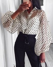 Women's Blouses Women Mesh Sheer Blouse See-through Lantern Long Sleeve Fashion Pearl Button Transparent White Shirt Female Blusas