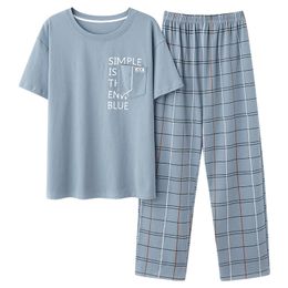 Men's Sleepwear L-5XL Summer Elegant Men Pyjamas Knited Cotton Pajamas Set Long Pants Sleepwear Pyjamas Nightwear Pijamas Plaid Plus Homewear PJ 230320