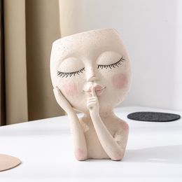 Decorative Objects Figurines Resin Head Flower Pot Cartoon Doll Vase Closed Eyes Figure Sculpture Garden Succulent Planting Pots Arrangement Decor 230320