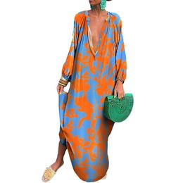 Women Vintage Maxi Dresses 2023 Summer Sexy Deep V-Neck Long Sleeve Boho Print Long Dresses Female Beach Cover Up Elegant Robe 10 Colours S M L XL XXL MKL324