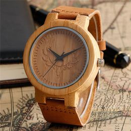 Wristwatches Handmade Engraved Elk Dial Wood Watch For Men Quartz Analog Display Brown Leather Strap Top Mens Clock Reloj Masculino